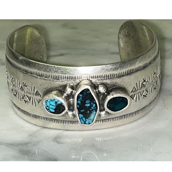 NATIVE AMERICAN STERLING SILVER NAVAJO CUFF BRACELET SIGNED WILSON PADILLA - Picture 2 of 16